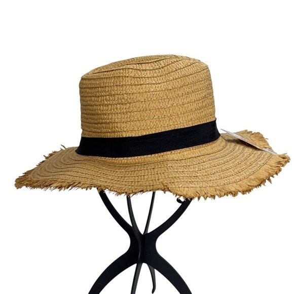 Fashion Hat Woven Sun Hat Fringe Grosgrain Ribbon Band NWT Tan Black 9032 - Picture 1 of 11